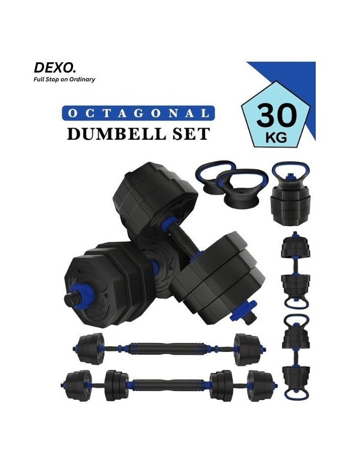 DEXO Versatile 6-in-1 Adjustable Dumbbells Set 30kg – Multi-Functional Home & Gym Workout with Non-Rolling Octagonal Design, Transform into Barbell, Kettlebell & Push-Up Bench - Image 1